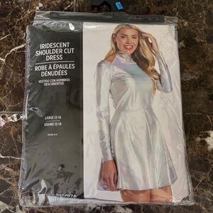 Halloween Costume Alien Disco metallic Iridescent Shoulder cut dress